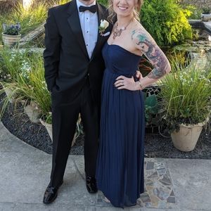 Floor length navy blue strapless dress